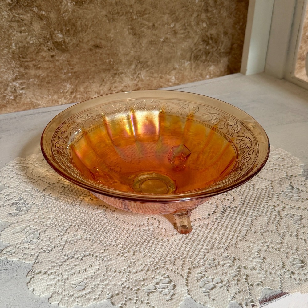 Vintage Marigold Carnival Glass Footed Bowl Iridescent Floral Etched 3-Legged